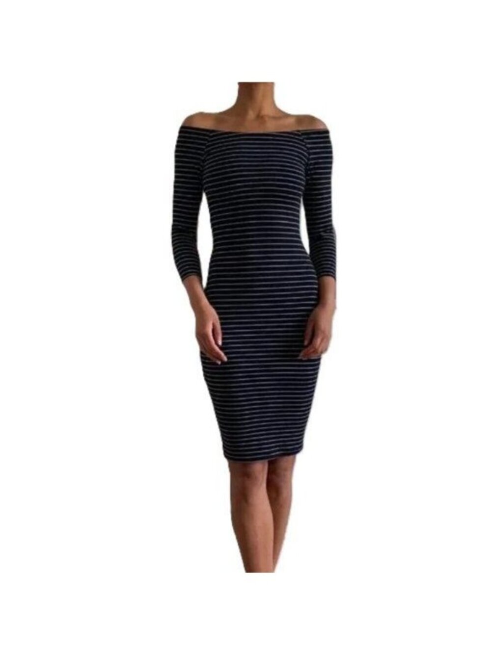 Zara Trafaluc Black White Striped Chic Bodycon Midi Dress 34 Sleeve Fall Winter